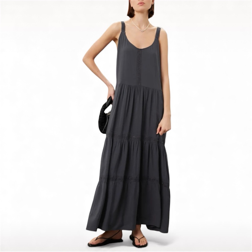 Splendid Haven Black Maxi Dress | Size Small | Tiered Lace Detail | 100% Viscose